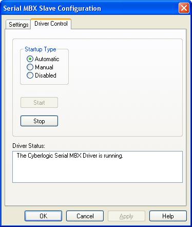 Automatic When this option is selected, the Serial MBX Driver will start when Windows boots.