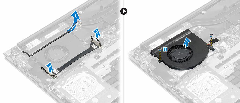 5. Follow the procedure in After working inside your computer Removing the fan 1. Follow the procedure in Before working inside your computer. 2. Remove the: a. back cover b. battery c. WLAN card 3.