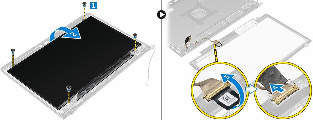 b. battery c. heat sink d. WLAN card e. display assembly f. display bezel 3. To remove the display panel: a. Remove the screws that secure the display panel [1]. b. Lift the display panel and turn it over [2].