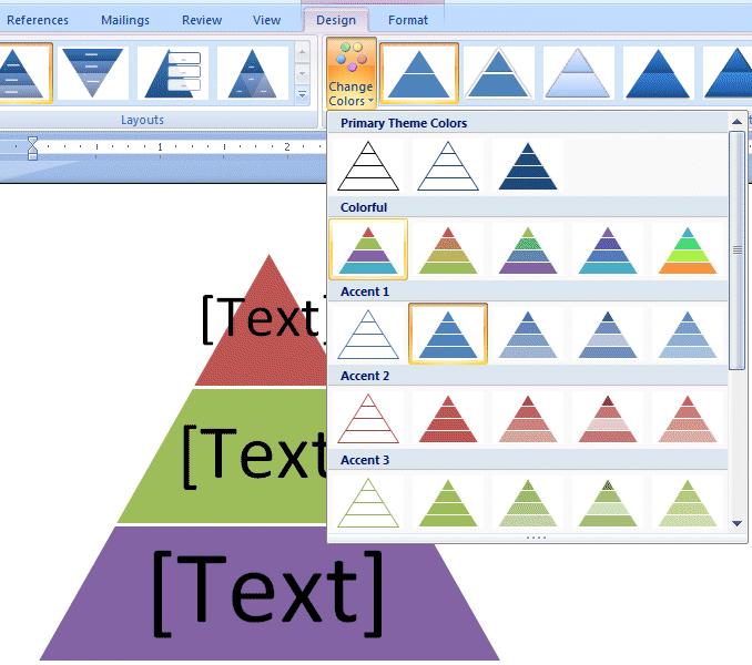 As you move your cursor arrow over the Primary Theme Colors, you ll see that the Pyramid changes to that color. We chose the one you see marked by the arrow on the right.