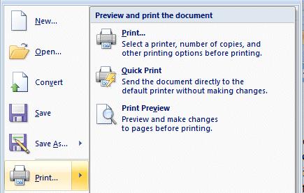 Move your cursor over the arrow to the right of the Print button ( 1. ), a menu of print choices will appear on the right under Preview and print the document ( 2.