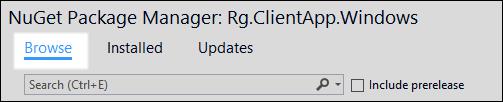 Right-click on the Rg.ClientApp.Windows project and select Manage NuGet Packages. 13. Click the Browse command in the NuGet Package Manager. 14.