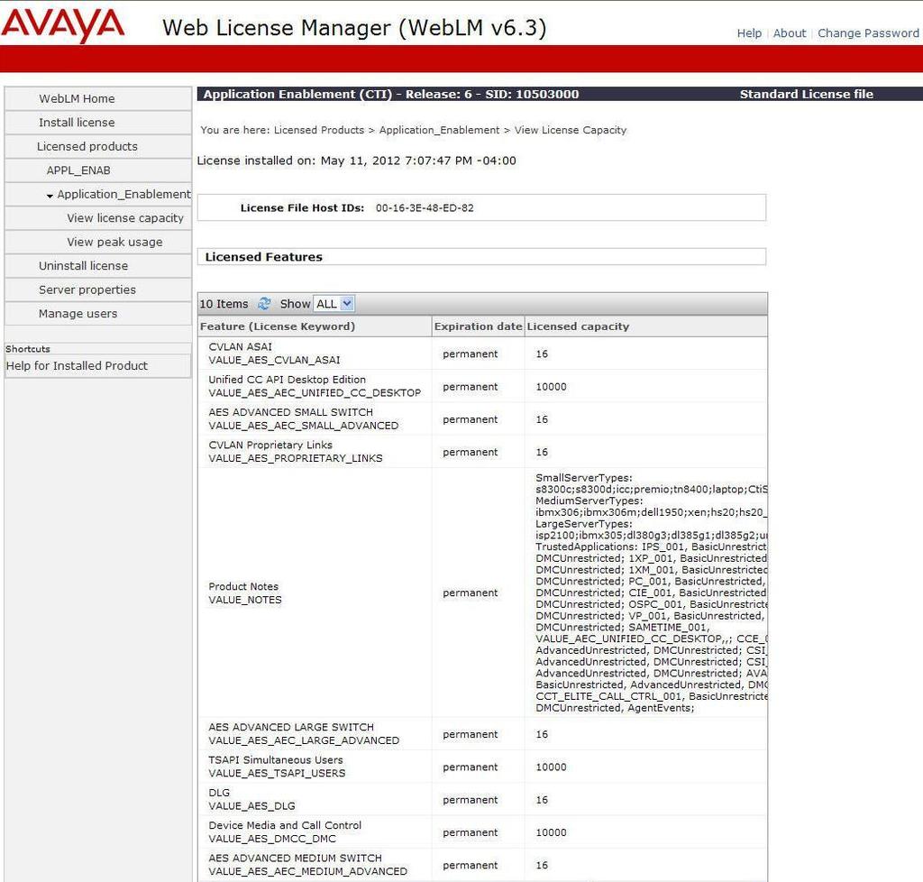 The Web License Manager screen below is displayed. Select Licensed products APPL_ENAB Application_Enablement in the left pane, to display the Application Enablement (CTI) screen in the right pane.