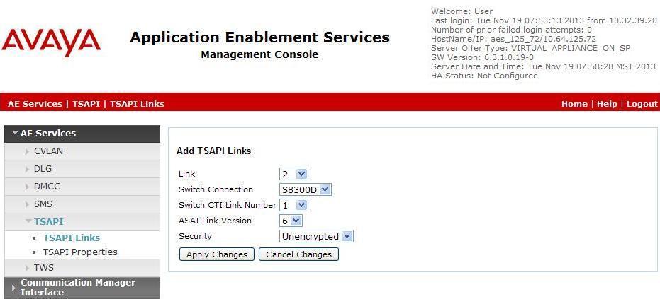 The Link field is only local to the Application Enablement Services server, and may be set to any available number.