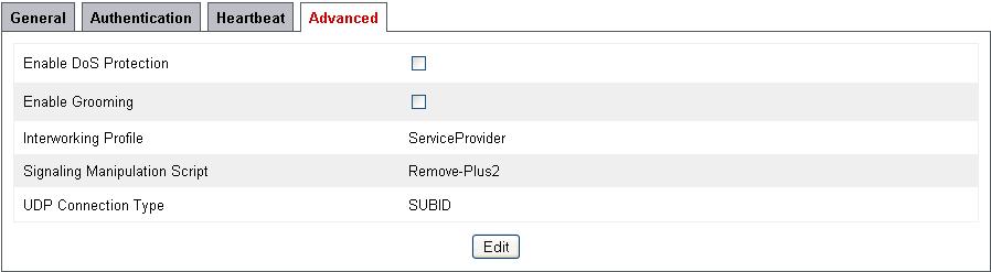 Once configuration is completed, the Advanced tab for SP-SIP-Trunk will appear as shown below. 7.5.