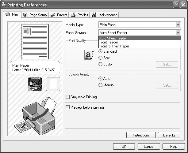 (A) (A) Load plain paper in the Auto Sheet Feeder. To Change the Paper Source In the printer driver, select a Paper Source.