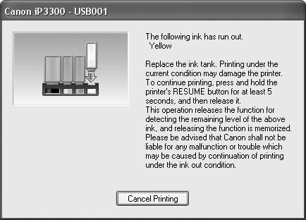 If you want to continue printing in this condition, you need to release the function for detecting the remaining ink level.