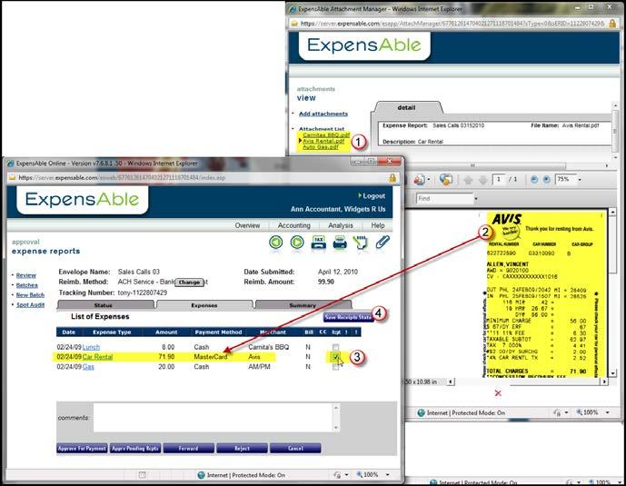 3. Re-size and position both windows so you can easily click on other attachments (1), visibly compare the details of the expense item and the receipt (2) and when verified, check the checkmark in