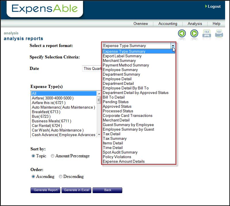 1. From the Overview screen, click the Analysis Reports icon at the bottom of the screen. An alternative is to select Analysis Reports from the Analysis menu. 2.
