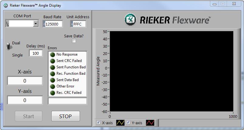 Rieker Flexware Angle Display App Description Flex Series User Guide Page 21 of 33 The Rieker Flexware Angle Display can be used to measure and display the angle outputs of the Flex series of