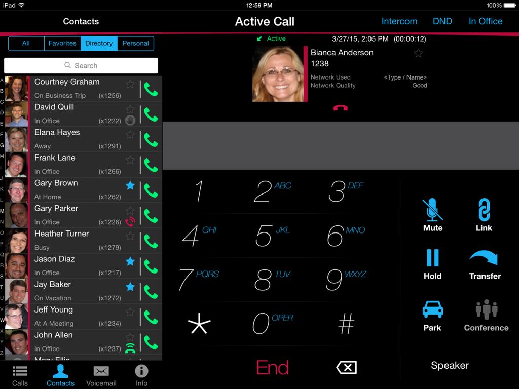 Reach for ios - Active Call screens Search Contact filters ipad
