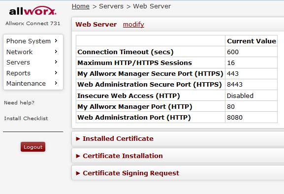 passwords Manage web access security from the Web Admin Page, Servers > Web Server SPI Firewall and PPTP VPN: Included with all Allworx servers Automatic blocking of unregistered SIP devices: Only
