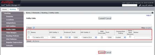 7.3. Create an Entity Link for ACS The SIP trunk between Session Manager and ACS Server requires an Entity Link.