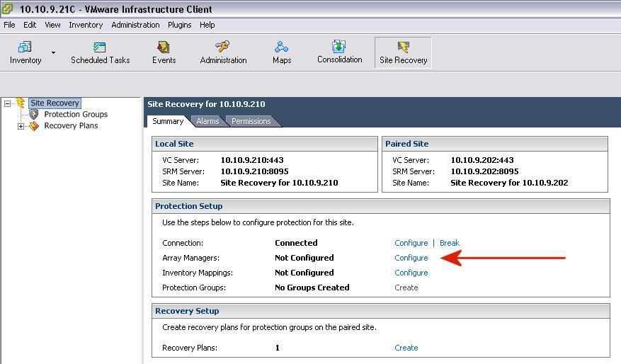 Pairing SRM sites You should now pair the protected and recovery sites in SRM. For more information, see the VMware Site Recovery Manager Administration Guide.