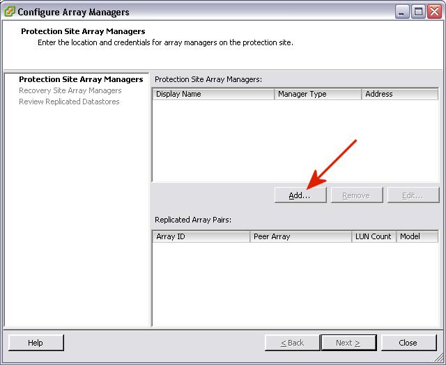 2. From the Configure Array Managers window, click Add to add connection information for the Command View EVA servers managing your EVA disk arrays. 3.
