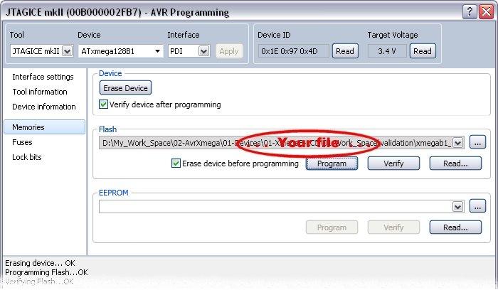 Select AVR Programming in Tools menu. Select your tool (ex: Atmel AVR JTAGICE mkii), Atmel ATxmega128B1 as device and PDI as interface then press Apply. Enter your file and then press Program.