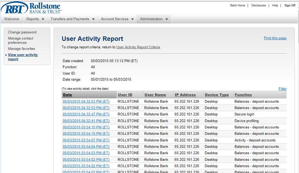 The User Activity Report page appears: To view