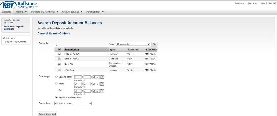 On the Report tab, click the Balances-Deposit Accounts link in the Deposit Reports section.