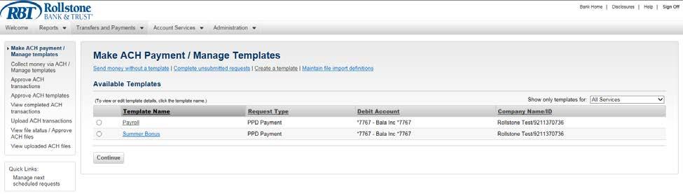 The Make ACH Payment/Manage Templates page appears: In the Available
