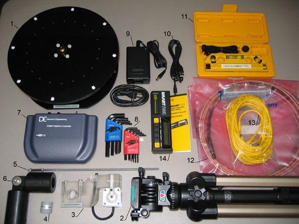 Package Contents Main Components Use the checklist below to verify all pieces are present and undamaged: 1. Positioner Platform 2. Tripod 3. Vertical assembly 4. Vertical spacer 5.