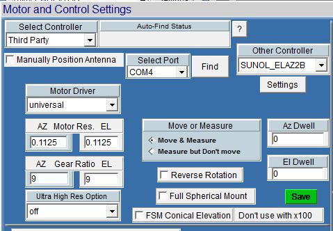 Configuring a 3rd party positioner (Sunol, Frankonia, M2, Etc) Sunol ELAZ2B Settings The Sunol ELAZ2B is a 2 axis positioner with a resolution of 28,800 steps per revolution for both Azimuth and