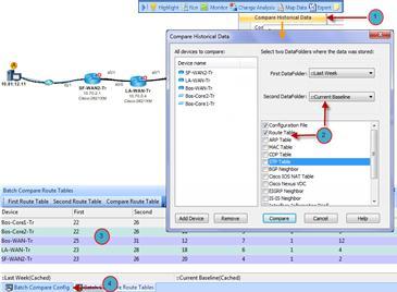Double-click the router Bos-Core1-Tr in the Batch Compare Route Tables pane to view its routing changes. You can filter the routing change for a destination (10.83.20.100). 4.