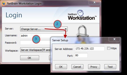Download and install the workstation software 2. Set up the NetBrain server address Enter http://<ip or domain name of your License Server>/netbrain in your web browser to download the software.