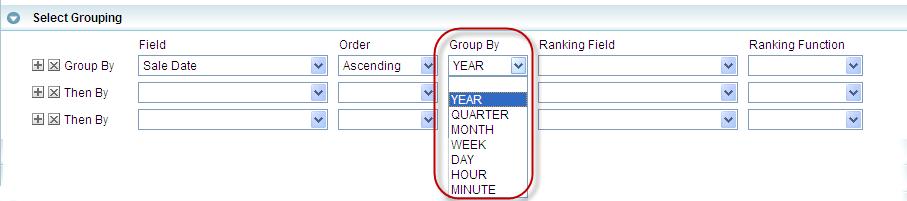 Date fields grouping If you select date type field in Field dropdown, you can also group dates by: Day: Day of the month Week: Week number of the month Month: Month number Quarter:
