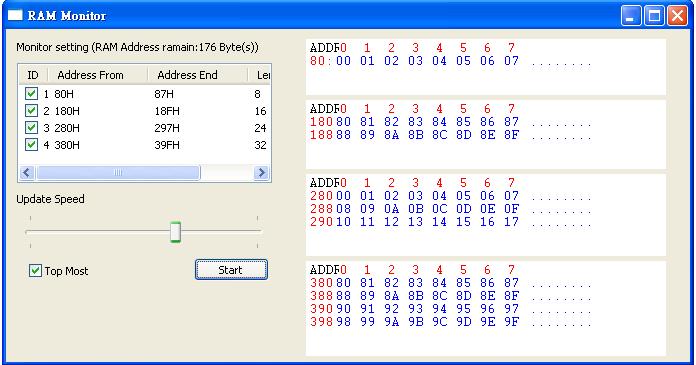 RAM Real-time Monitor Function In the IDE3000 tool menu, select Debug\RAM Monitor Set the RAM monitor range, and tick it Monitor up to 256 RAM unit at the maximum, each group monitor