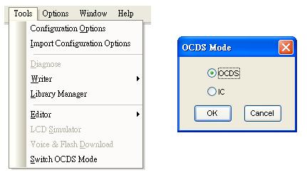 OCDS or I/O Selection Option Function When OCDSDA/OCDSCK is pin-shared with I/O, most of the EV can divide the shared pins into the OCDSEV mode and the Real IC mode through the OCDS or I/O Selection
