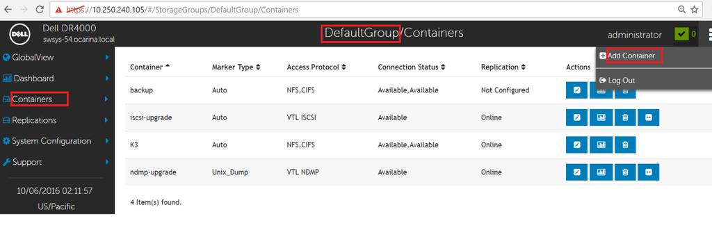 In the left navigation menu, click Containers > Default Group, and then, on the