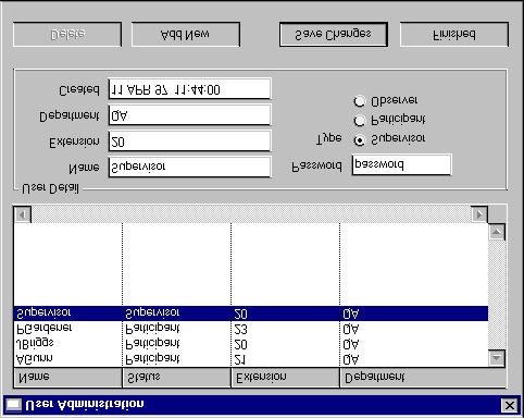 The User Administration window displays a list of existing users, with details about the selected user displayed below it.