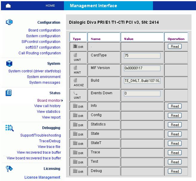 Dialogic Diva Media Board management interface If you click the icon below Mgnt in the Available Diva Board section, the management interface browser opens.