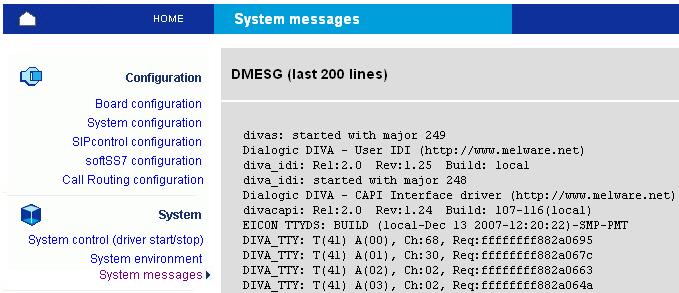 System messages This page allows you to view the last 200 messages from the kernel