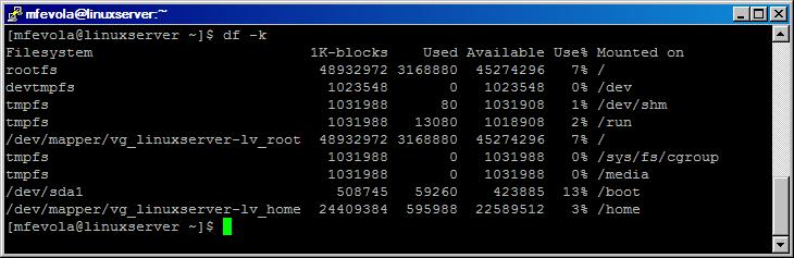 Alternatively use ALL to include all processer statistics. df -k The df command reports file system disk space usage. The k option shows usage in KB.
