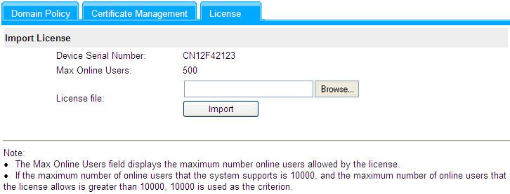 Figure 20 License management The following table describes the license configuration item: Item Import License