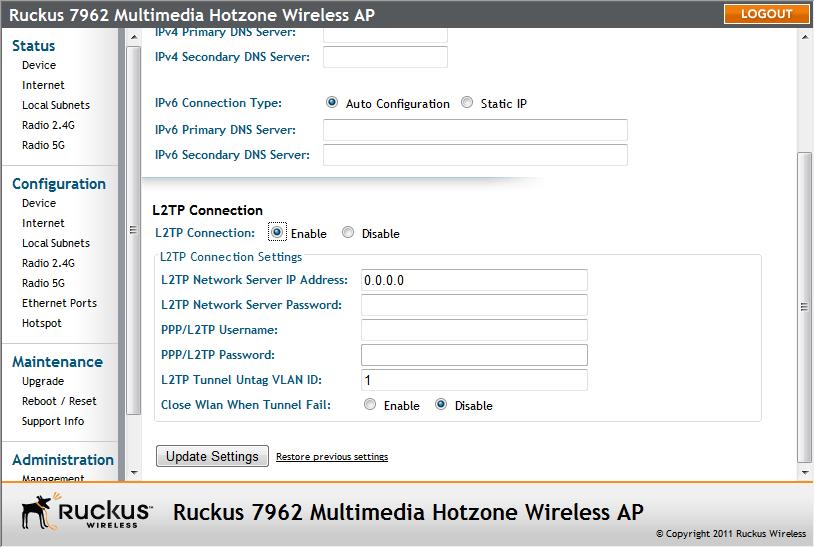 Configuring the Access Point Configuring Internet Settings Figure 27. L2TP Connection To configure L2TP tunneling 1. Go to Configuration > Internet. 2. Under L2TP Connection, click Enable. 3.