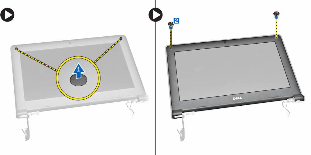 b. Remove the screws that secure the display bezel to the display assembly [2]. 4. Pry the edges to release the display bezel [1] and remove the display bezel from the display assembly [2].