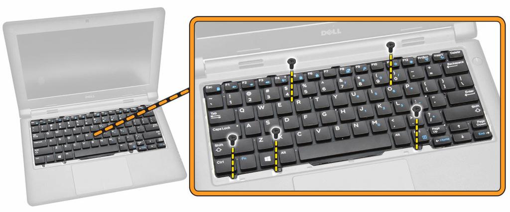 Flip the computer and remove the screws that secure the keyboard to the computer. 5.
