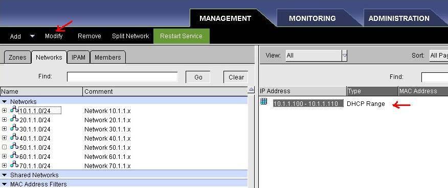 10. In the Networks page that appears, browse to Networks 10.1.1.0/24 in the left hand pane, click or highlight the 10.1.1.100 10.1.1.110 (DHCP Range) on the right hand pane then click Modify in the menu bar located above the Members tab.