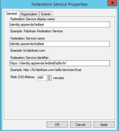 12 3. Click on Apply when done. 4. Restart the Federation Service via the Windows Services window. It is listed as Active Directory Federation Services.