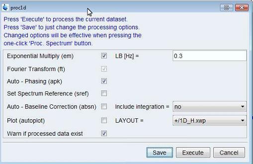 Figure 18 spectrum that resulted from executing the proc1d command The Process button simply carries out a proc1d command with the exponential multiplication parameter defined in the ProcPars tab of