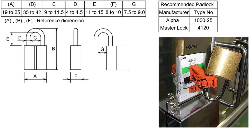 1. Safety Padlock Size and Weight The padlock is not supplied with the lockout attachment and must be supplied by the user. The total weight of the padlock can be a maximum of 45 g.