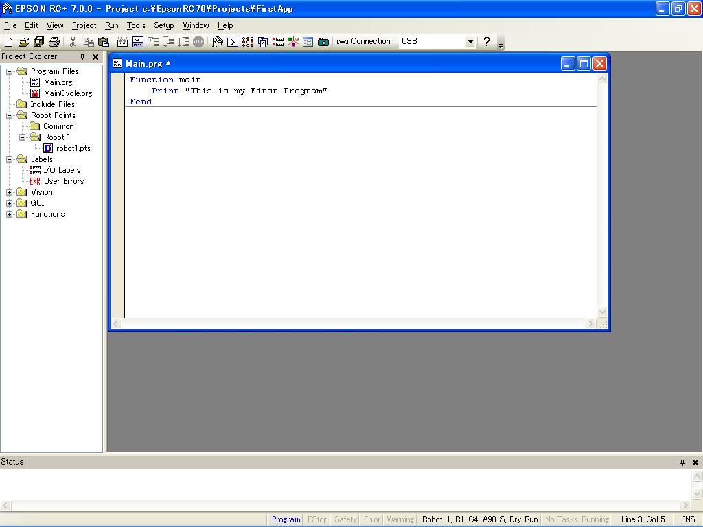 3. First Step 3. Edit the program Type in the following program lines in the Main.prg edit window.