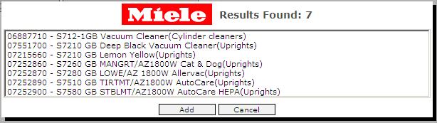 Figure 31 - Quick Search Results Double click a value returned or select one and click Add to add the item to your basket.
