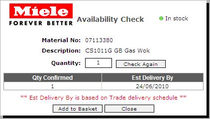 Figure 34 - Availability Check Screen You are able to update the quantity from this stage by changing the quantity and clicking on the Check Again button causing another stock availability check to