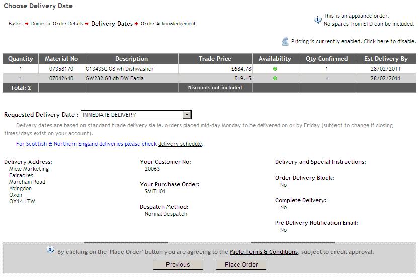 Figure 60 - Choose Delivery Date Screen - Trade Orders Additional Order Details: a.
