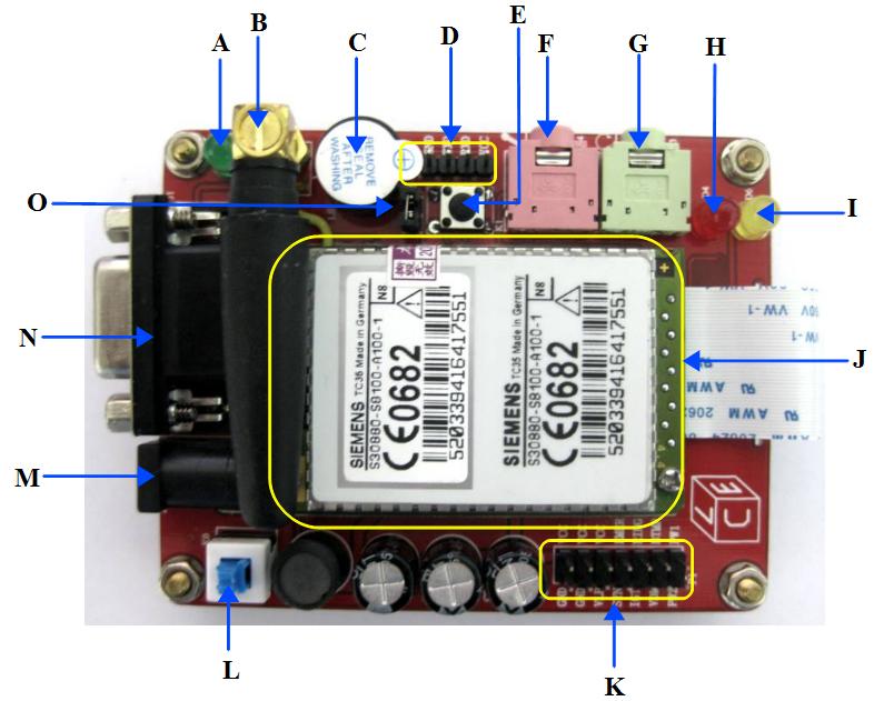 A - LED D1 is connected series with Buzzer, which will indicate incoming call, or the Ring. B - Antenna, to improve the signal strength of modem.