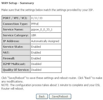 Figure 10. Quick Setup WAN Setup Summary The last page displays a summary of previous settings.