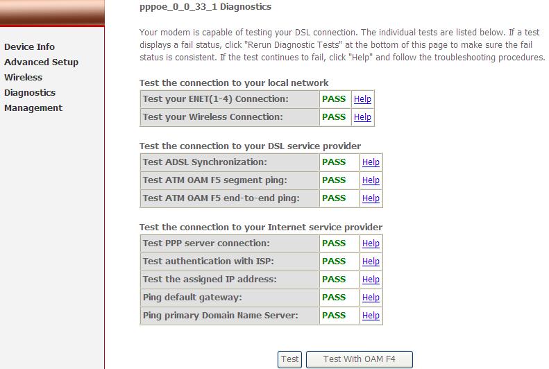 7. Diagnostics This page allows users to test the Ethernet port connection, DSL port connection, and connection to the Internet Service Provider.